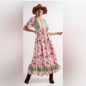 Spring Floral Boho Western Buttons Pink Green Flutter Sleeve Maxi Dress M